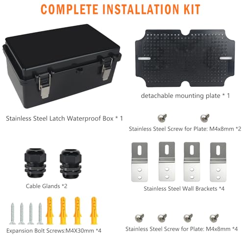 Electrical Junction Box, IP67 Waterproof Outdoor Box ABS Plastic Enclosure with Stainless Steel Latches & Brackets, Hinge Black Cover Project Box with Mounting Plate 10.2"x6.3"x4.3" - color: Black, size: 10.2"x6.3"x4.3"