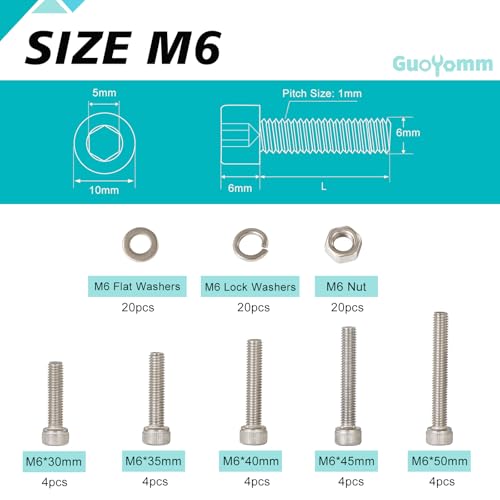 M6 x 30mm 35mm 40mm 45mm 50mm, Hex Socket Head Cap Screws Bolts Washers Nuts Assortment Kit, Stainless Steel 304, Metric Allen Drive, 80 PCS - size: Socket M6x30/35/40/45/50 mm