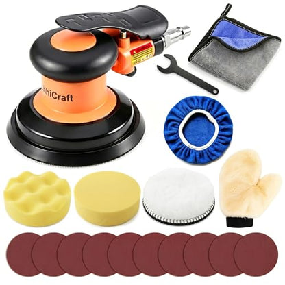 5-inch Pneumatic Random Orbital Sander Set, Dual-Action (DA) Pneumatic Handheld Sander, Low-Noise, Low-Vibration, Suitable for Auto Body Repair, Car Detailing, Woodworking, and Metalworking
