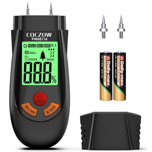 Wood Moisture Meter, with Battery and LCD Display, Suitable for Quick Determination of Moisture Content of Many Types of logs, Paper, Plywood, Plaster Walls, Floor coverings, etc. - color: Black