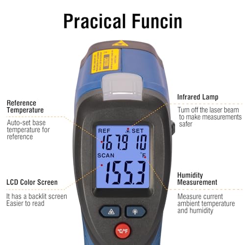 CEM DT-8666 Digital Infrared Meat Thermometer Gun,DS10:1 Instant Read Laser Temperature Gun for Griddle,Grill,Oven,Pizza, Thermal Air Heat Leak Detector for Industrial Repairs with Color Light Alarm
