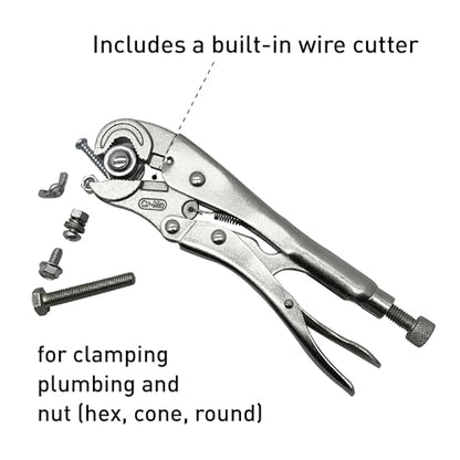 Locking Pliers with Wire Cutter, Cr-Mo Alloy Steel, 3-Side Locking Jaw, Curved Jaw Vise