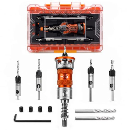 13 PCS Upgraded Adjustable Depth Countersink Drill Bit Set, M2 HSS 4-Flute Wood Chamfer Bits with Quick Adjust Depth Stop, L Wrench & Pilot Bits for Wood, Plastic & DIY Woodworking