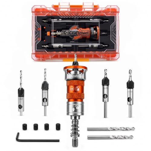 13 PCS Upgraded Adjustable Depth Countersink Drill Bit Set, M2 HSS 4-Flute Wood Chamfer Bits with Quick Adjust Depth Stop, L Wrench & Pilot Bits for Wood, Plastic & DIY Woodworking