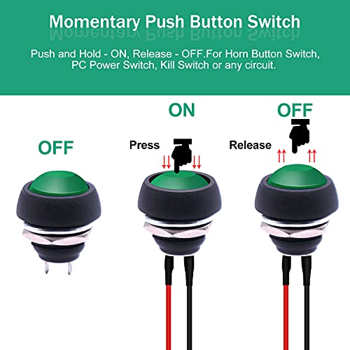 Twidec/6Pcs 12mm Momentary Push Button Switch 1/2" Mounting Hole On Off Mini Round Waterproof Green with Pre-soldered Wires PBS-33B-G-X - color: Green-12mm, size: Momentary