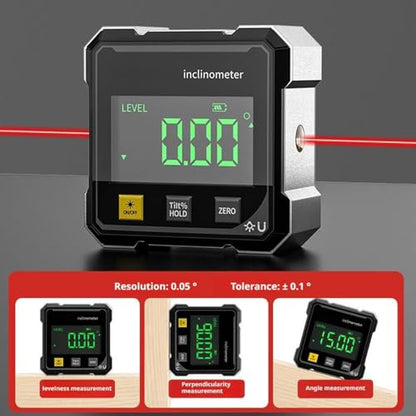 Digital Angle Finder with Electronic Laser & 4-Side Magnetic Base - Electronic Inclinometer with LED Display Cube Inclinometer, Table Saw Miter Protractor, Woodworking Measuring Tool, Level Box