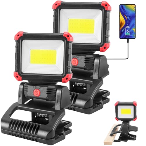 Tresda LED Rechargeable Work Light with Clamp, 2Pack 2100LM COB Magnetic Work Light with 3 Light Modes, 270° & 180° Rotation, Waterproof, Perfect for BBQ, Jobsite, Workshop, Car Repairing - color: Black 2Pack