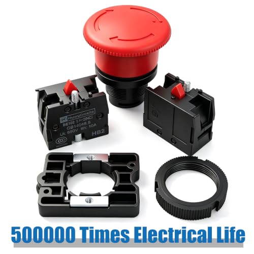 mxuteuk 10PCS 22mm 1NC 1NO Red Mushroom Emergency Stop Push Button Switch AC 660V 10A,HB2-ES545 - color: Red/HB2-ES545-10PCS, size: 1NC 1NO