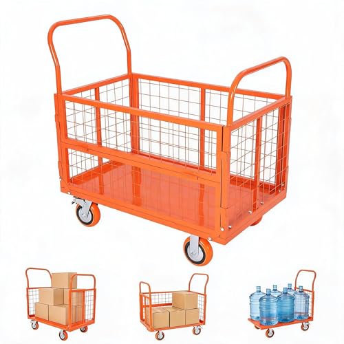 6-in-1 Folding Flatbed Dolly, 1800lbs Heavy Duty Platform Cart with Cage - color: Orange