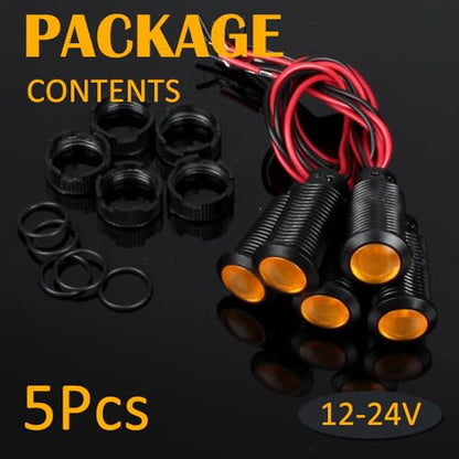 5pcs 12mm 12V-24V LED Indicator Light Plastic Black Signal Dot Lamp 12V-24V 1/2 inches Mounting Hole Size with 15cm/5.9in. Wire (Yellow LED) - color: Yellow, size: 12mm 12-24V