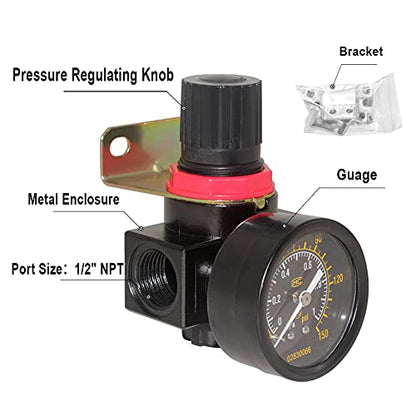 Beduan BR4000 Air Compressor Regulator Combo 1/2" NPT,Manual Drain with Bracket, Gauge - size: 1/2"NPT