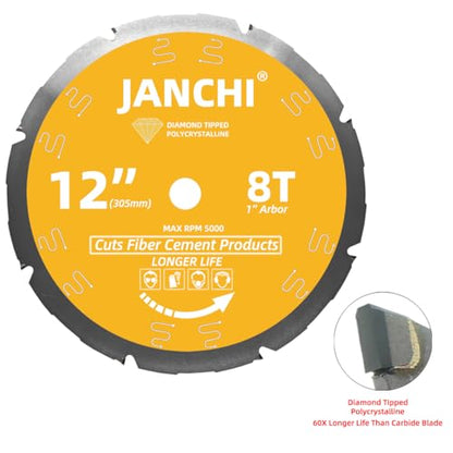 12-Inch 8T PCD Tip Hardie Fiber Cement Saw Blade with 1-Inch DMK Arbor, Polycrystalline Diamond Tipped Teeth Saw Blade for Laminate Flooring - size: 12" 8T