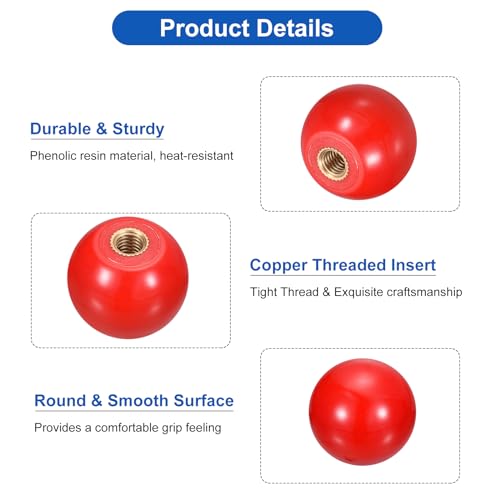 uxcell Threaded Ball Knobs, M6 Female Thread Thermoset Ball Knob 25mm Dia Round Operation Ball Handles with Copper Insert for Machine Lever Handle, Red - color: Red, size: M6x25mm