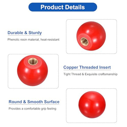 uxcell Threaded Ball Knobs, M6 Female Thread Thermoset Ball Knob 25mm Dia Round Operation Ball Handles with Copper Insert for Machine Lever Handle, Red - color: Red, size: M6x25mm