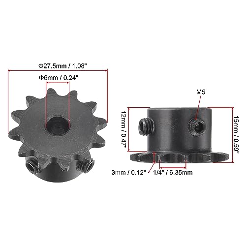 uxcell #25 Chain Roller Sprocket, 6mm Bore 1/4" Pitch 12 Tooth Single Strand Chain Sprocket, C45 Carbon Steel 25 Roller Chain Sprocket with Set Screws for ISO 04C Chain, 2Pcs - size: 27.5mmx6mm