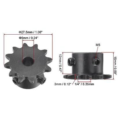 uxcell #25 Chain Roller Sprocket, 6mm Bore 1/4" Pitch 12 Tooth Single Strand Chain Sprocket, C45 Carbon Steel 25 Roller Chain Sprocket with Set Screws for ISO 04C Chain, 2Pcs - size: 27.5mmx6mm