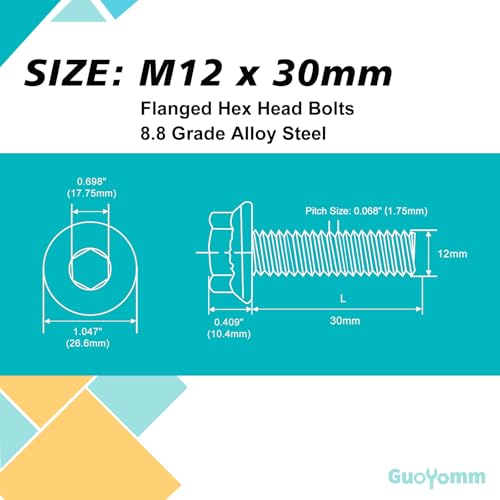 M12 x 30mm 6pcs Flanged Hex Head Bolts, M12 x 1.75 Bolts, Flange Hexagon Head Screws, 8.8 Grade Alloy Steel, Yellow Zinc Plated, Metric Fully Thread - size: M12 x 30mm(6PCS)