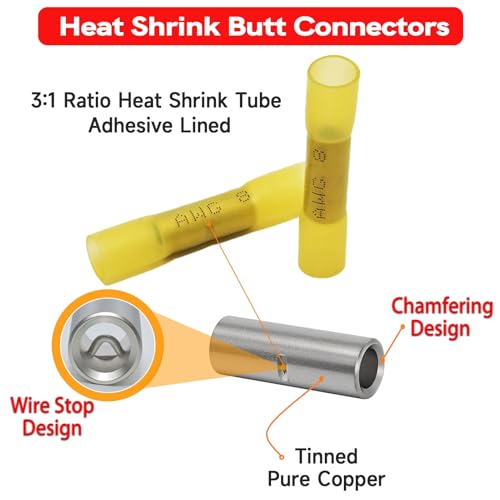 BAALA 20 PCS 8 AWG Heat Shrink Butt Connectors Yellow Heat Shrink Butt Splices-Marine Grade Waterproof Electrical Crimp Wire Connectors, Tinned Copper Butt Splice Terminals for 8 Gauge Wire Connectors