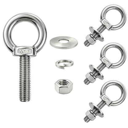 4 Pack M10 Stainless Steel Eye Bolts with Nuts, 3/8"x2" Long Lifting Ring Eye Bolt,Eye Bolts Heavy Duty for Hang Tie Down Outdoor (4, M10x51mm (3/8"x2")) - size: M10x51mm (3/8"x2")
