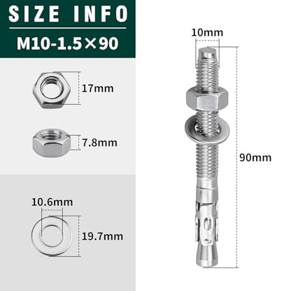 10-Pack M10-1.5 x 90 Wedge Anchors, Stainless Steel 304 (18/8), Concrete Anchor for Heavy-Duty Projects - size: M10-1.5 x 90
