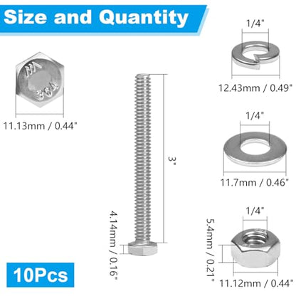 10 Sets 1/4-20 x 3 Hex Head Screw Bolt,Nuts,Flat & Lock Washers - size: 1/4-20 x 3"