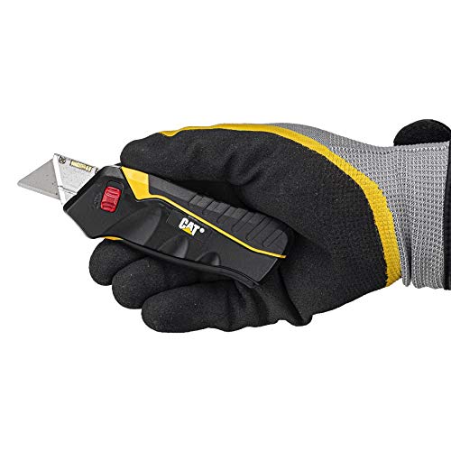 Cat Safety Utility Knife Box Cutter Self-Retracting, Squeeze Handle to Extend, Release to Retract, Lock Open w/Switch, Ergo Handle w/ 3 Safety-Tip Blades That Store Inside - 240071
