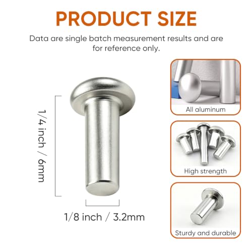 ALLCLEAN 1/8" Diameter X 1/4" Length Solid Aluminum Brazier Head Rivets,Aluminum Boat Rivets,Round/Dome Head Rivet,Pack of 450 - size: 1/8" x 1/4"