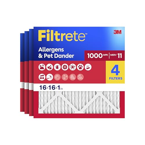 Filtrete 16x16x1 Air Filter, MERV 11, MPR 1000, Allergens & Pet Dander, 3-Month AC and Furnace Filters, Cleaner Air, Reliable Airflow, 4 HVAC Filters (Actual Size 15.81 x 15.81 x 0.81 in) - size: 16x16x1