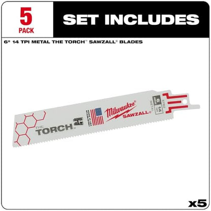 Milwaukee Tool 6" 14 TPI The Torch Sawzall Blade (5 Pk) 48-00-5782