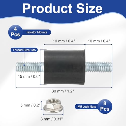 PATIKIL M5 15x10mm Rubber Isolator Mounts, 4 Pcs Rubber Studs Shock Absorber Anti-Vibration Isolation Damping Mounts with Lock Nuts for Motor, Air Compressor, Engines (30mm Height) - size: M5-15x10x30mm