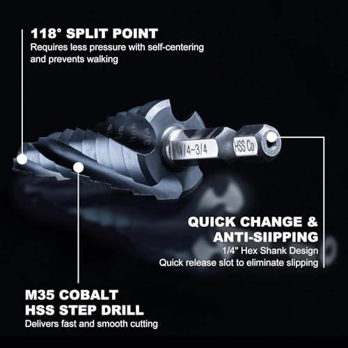 GRENPRO M35 Cobalt Step Drill Bit, 1/4"-3/4", TiAlN, 1/4" Hex Shank