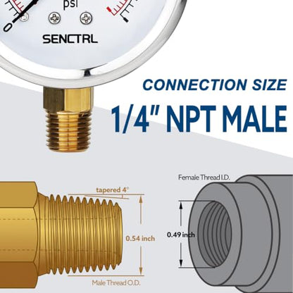 SENCTRL 0-15 Psi Low Pressure Gauge, 1/4 NPT Lower Mount - size: 0-15Psi, style: Lower Mount
