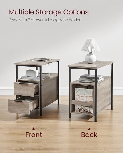 VASAGLE Side End Table with Charging Station, Slim Nightstand with Storage - color: Heather Greige + Ink Black, size: 23.6"D x 11.8"W