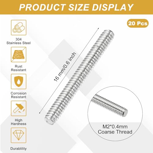 uxcell 20Pcs Fully Threaded Rod M2 x 0.4mm Pitch 16mm/0.6 Inch Threaded - size: M2x0.4mmx16mm