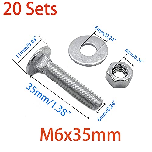 20 Sets Long Square-Neck Carriage Bolts Set,Carriage Bolts Set w/Nuts & Flat Washers,Zinc-Plated,Carbon Steel Grade 4.8,Plain Finish,Fully Threaded(M6-1.0X35mm) - size: M6-1.0X35mm（20 Sets）