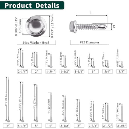 #12 x 4 (25 pcs) Hex Washer Head Self Drilling Screws, 410 Stainless Steel Metal Sheet Tek Screws, Self Tapping Point, No Pre-drilled Hole Needs - size: #12 x 4"