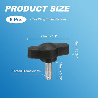 PATIKIL M5 x 14mm Tee Wing Thumb Screws, 6Pcs Carbon Steel Mechanical Handle Bolt Thumb Screws for Remove Replace Hand Clamping Tightening Knobs Power Supply, Black - size: M5 x 14mm