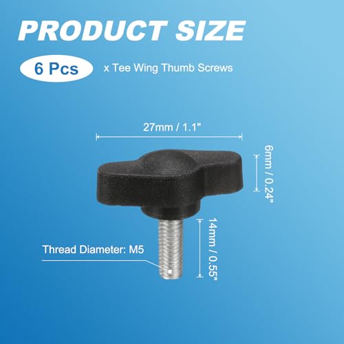 PATIKIL M5 x 14mm Tee Wing Thumb Screws, 6Pcs Carbon Steel Mechanical Handle Bolt Thumb Screws for Remove Replace Hand Clamping Tightening Knobs Power Supply, Black - size: M5 x 14mm