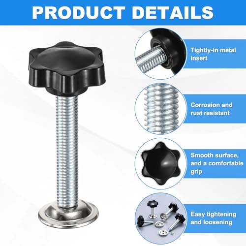 M METERXITY 2-Pack Star Handle Hand Screws, M10x60mm Carbon Steel Thread Star Clamping Knobs with Screws, Pressure Plate and Rubber Pad for Woodworking/Mechanical Equipment [Black] - size: M10 x 60mm