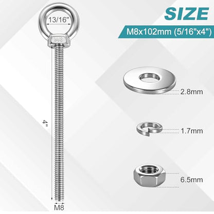 2 Pack M8 Heavy Duty Eye Bolts, 304 Stainless Steel Eye Bolts with Nuts M8x102mm (5/16"x4"), Eye Bolts Heavy Duty for Wood Mounting Indoor Outdoor Hanging - size: M8x102mm(5/16"x4")
