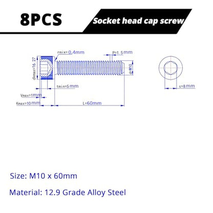 M10-1.5 x 60mm Socket Head Cap Screws Cap Bolts, 12.9 Grade Alloy Steel Black Oxide, Allen Socket Drive, Machine Full Thread, 8 PCS (16mm-80mm Available) - size: M10x60mm(8PCS)