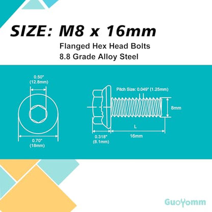 M8 x 16mm 20pcs Flanged Hex Head Bolts, M8 x 1.25 Bolts, Flange Hexagon Head Screws, 8.8 Grade Alloy Steel, Yellow Zinc Plated, Metric Fully Thread - size: M8 x 16mm(20PCS)