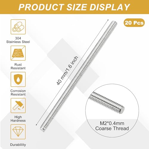 uxcell 20Pcs Fully Threaded Rod M2 x 0.4mm Pitch 40mm/1.6 Inch Threaded - size: M2x0.4mmx40mm