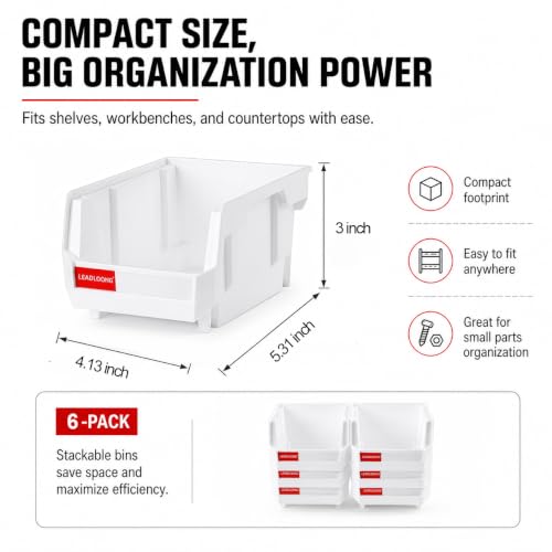 6 Pack Stackable Plastic Parts Bins, 5x4x3 in, White - color: White-6 Pack, size: 5"x4"x3"