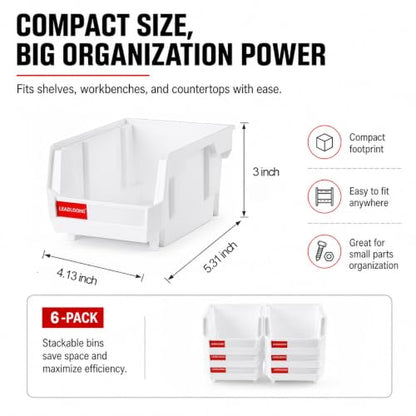 6 Pack Stackable Plastic Parts Bins, 5x4x3 in, White - color: White-6 Pack, size: 5"x4"x3"