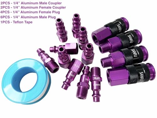 SANFU Air Hose Fittings, Aluminum AMT Universal Air Coupler and I/M Industrial Type Air Plug Kit, 1/4 Inch Threads Size, 1/4 Inch Body Size, 15 Pieces Air Compressor Accessories Fittings Kit(Purple) - style: 15PCS KITS