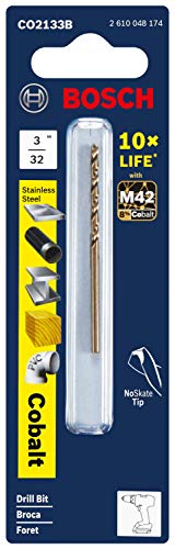 BOSCH CO2133B 1-Piece 3/32 in. x 2-1/4 in. Cobalt M42 Metal Drill Bit with Three-Flat Shank for Drilling Applications in Stainless Steel, Cast Iron, Titanium, Light-Gauge Metal, Aluminum - size: 3/32 x 2-1/4 in.