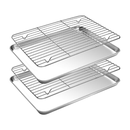 Small Baking Sheet with Cooling Rack Set [2 Baking Pans + 2 Wire Racks], CEKEE Stainless Steel Cookie Sheets for Baking, Heavy Duty & Dishwasher Safe Baking Sheets for Oven, Size 9 x 7 x 1 Inch - size: 9 inch