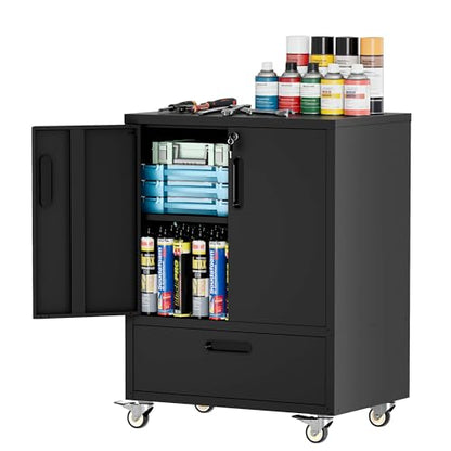 Metal Rolling Tool Storage Cabinet with 2 Locking Doors and 1 Drawer,Black - color: Black, style: 2 doors 1 drawer with wheels
