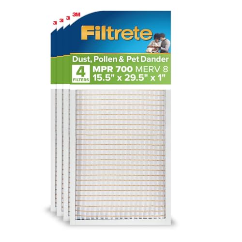 Filtrete 15.5x29.5x1 AC Furnace Air Filter, MERV 8, MPR 700, Tough on Pollen, Easy on Airflow, 3-Month Pleated 1-Inch Electrostatic Air Cleaning Filter, 4-Pack (Actual Size 15.19 x 29.19 x 0.81 in) - size: 15.5x29.5x1